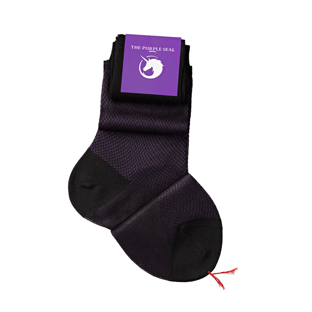 Black/Purple Cotton/Silk Signature herringbone knee-high men dress socks available to purchase