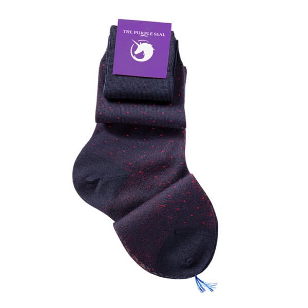 100% Mako Cotton Lisle Dress Socks - Navy with red dots, Over the calf, Made in Italy