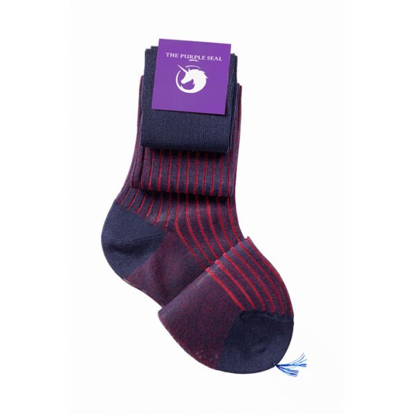 100% Mako Cotton Lisle Dress Socks - Navy/Red Vanisée, Over the calf, Made in Italy