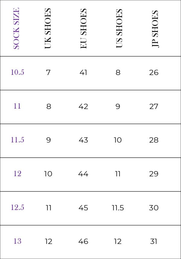 The Purple Seal made to measure dress socks size chart