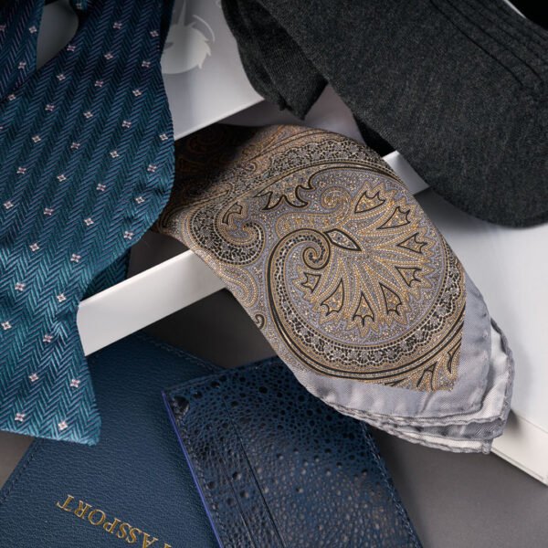 Large Blue silk bow tie - Jacquard herringbone pattern - Image 2