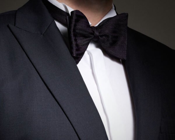 Large Black silk bow tie - Jacquard herringbone pattern - Image 2